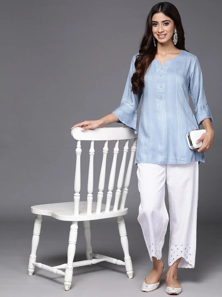 Blue Striped Rayon A-Line Kurti - Libas