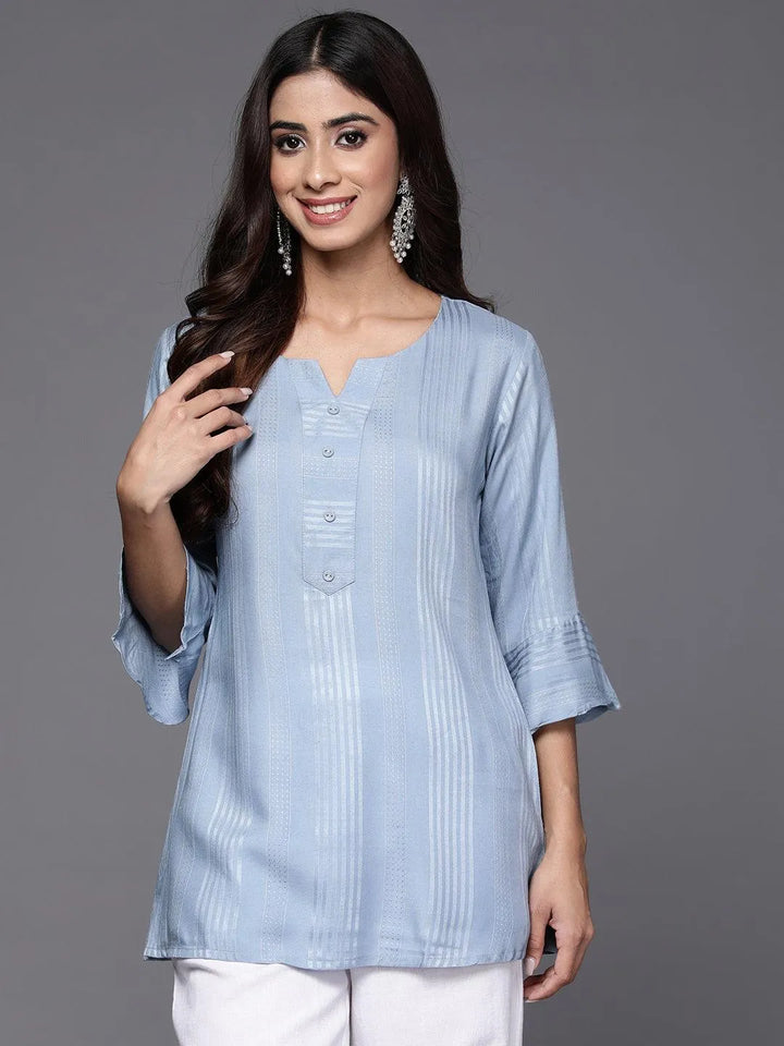 Blue Striped Rayon A-Line Kurti - Libas