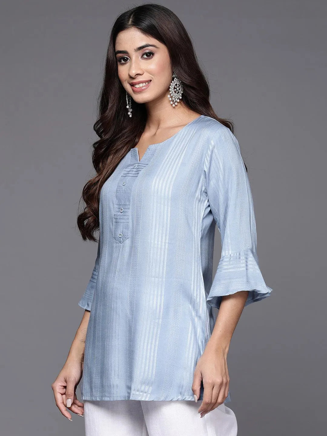 Blue Striped Rayon A-Line Kurti - Libas