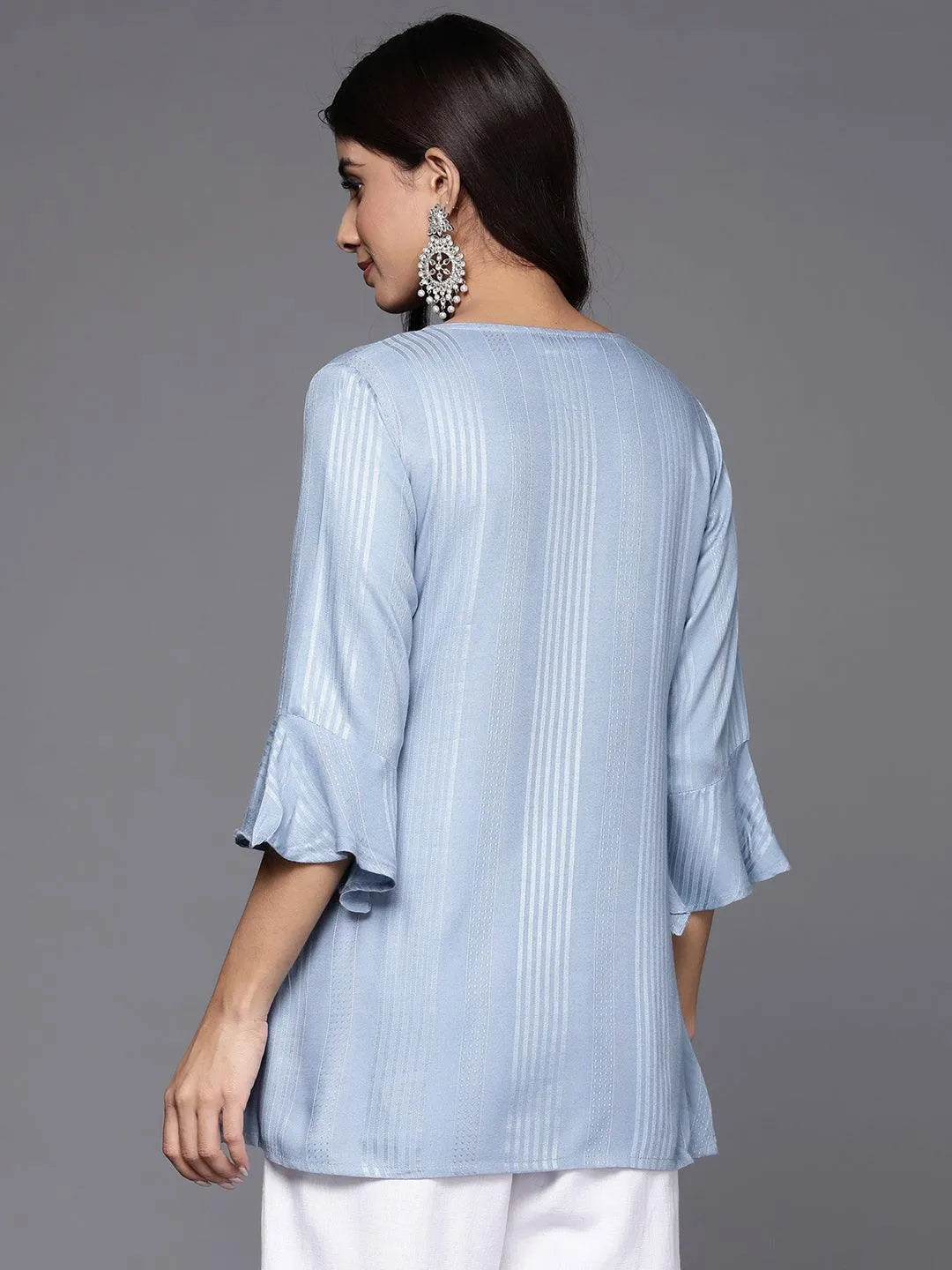 Blue Striped Rayon A-Line Kurti - Libas