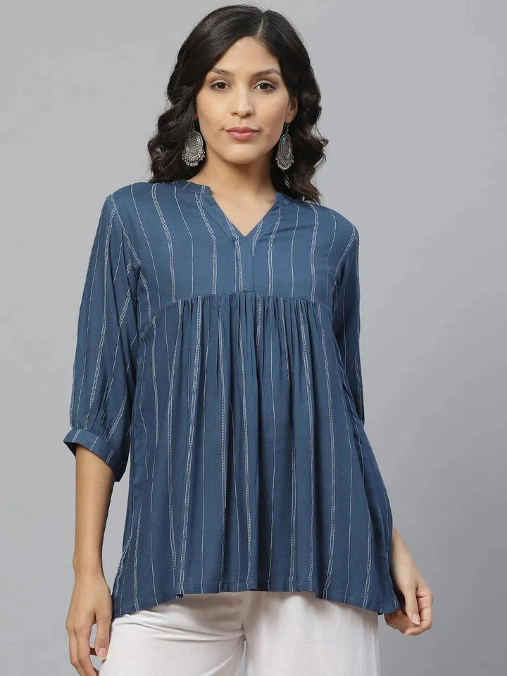 Blue Striped Rayon Kurti With Mask - Libas