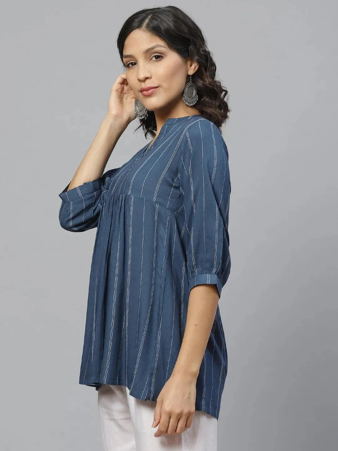 Blue Striped Rayon Kurti With Mask - Libas