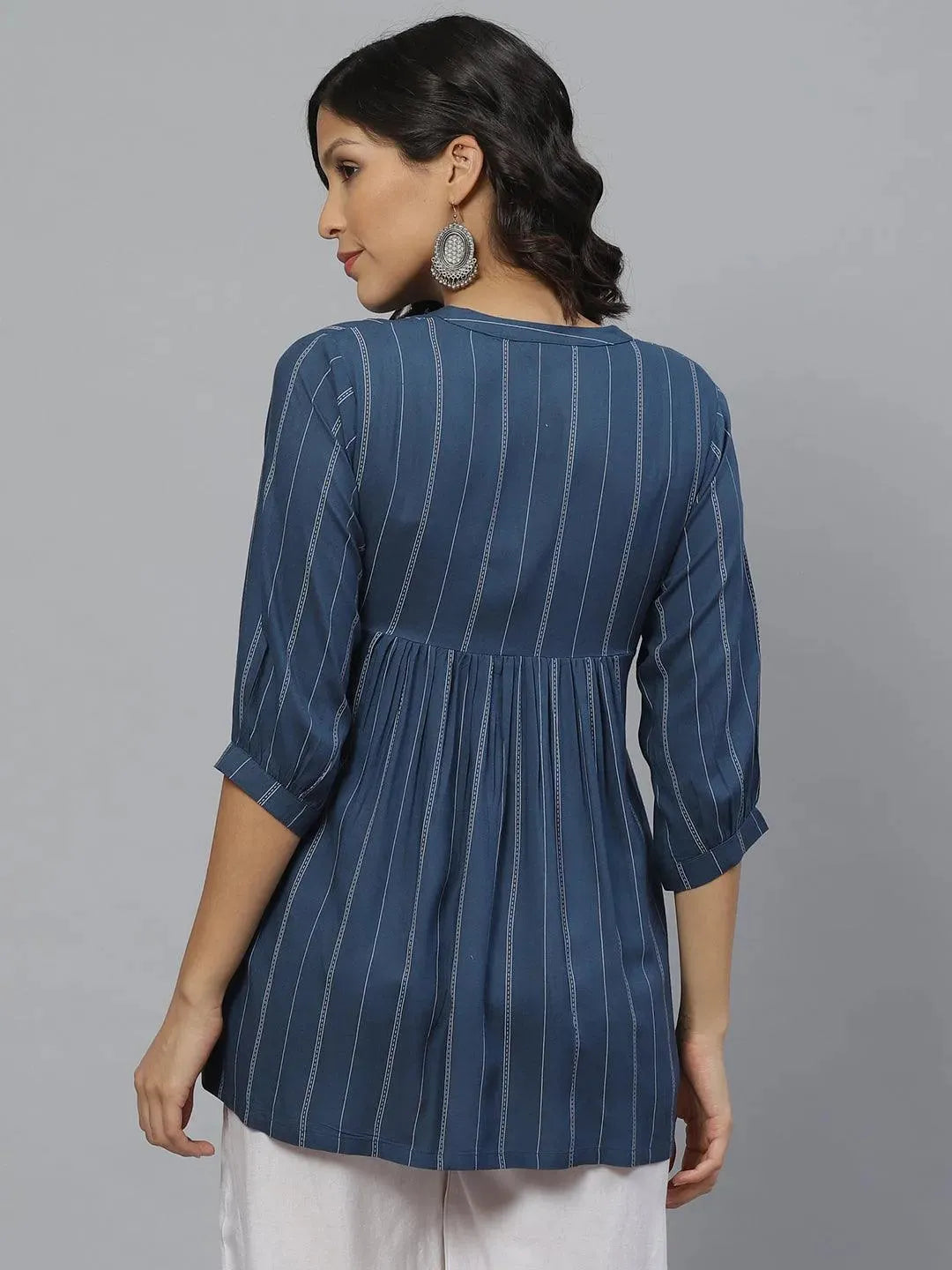 Blue Striped Rayon Kurti With Mask - Libas 