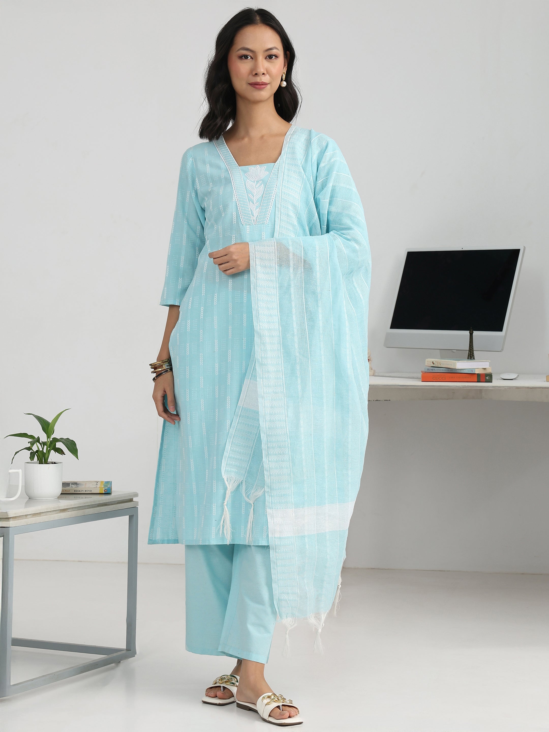 Blue Striped Woven Design Cotton Blend Straight Suit Set With Dupatta-image-13