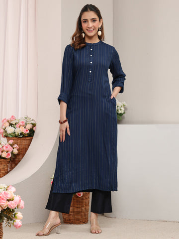 Libas Blue Striped Woven Design Rayon Straight Kurta