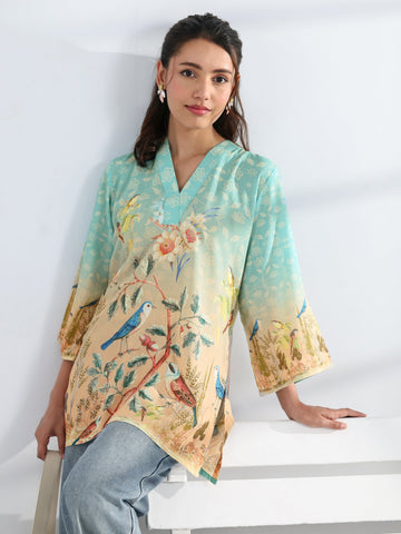 Libas Blue Tropical Printed Cotton Blend Straight Short Kurti