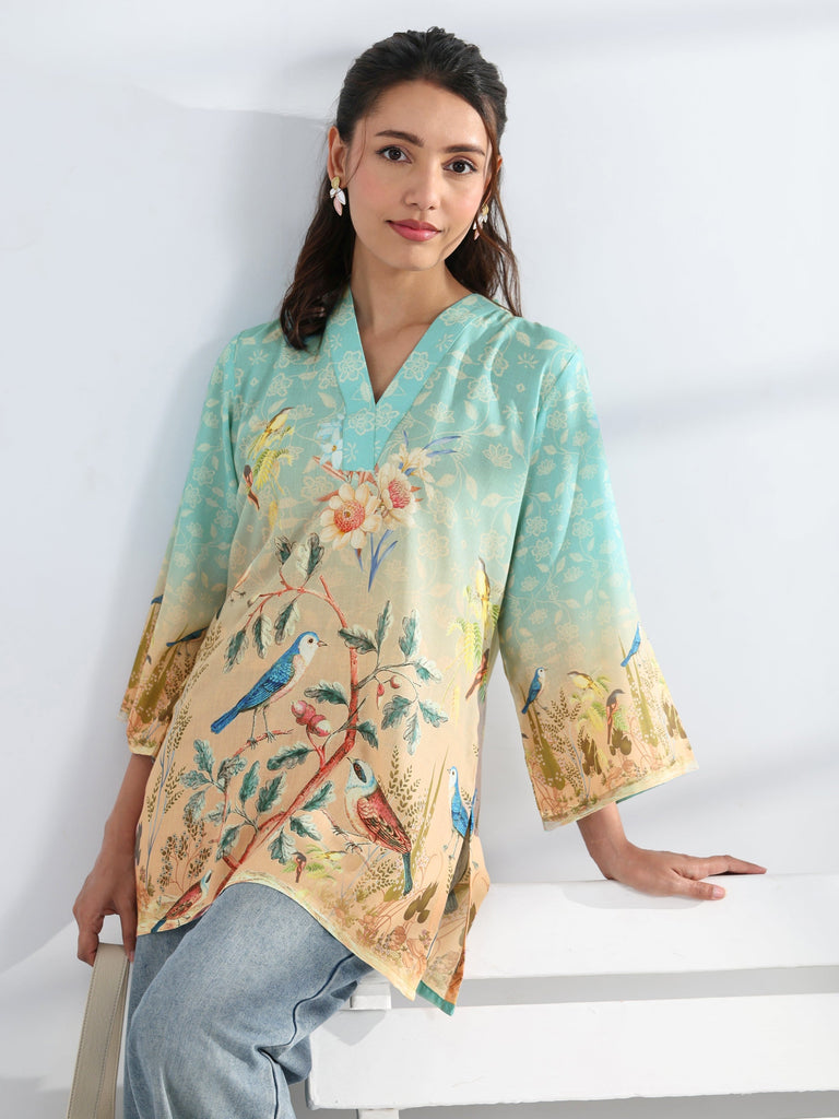 Libas Blue Tropical Printed Cotton Blend Straight Short Kurti