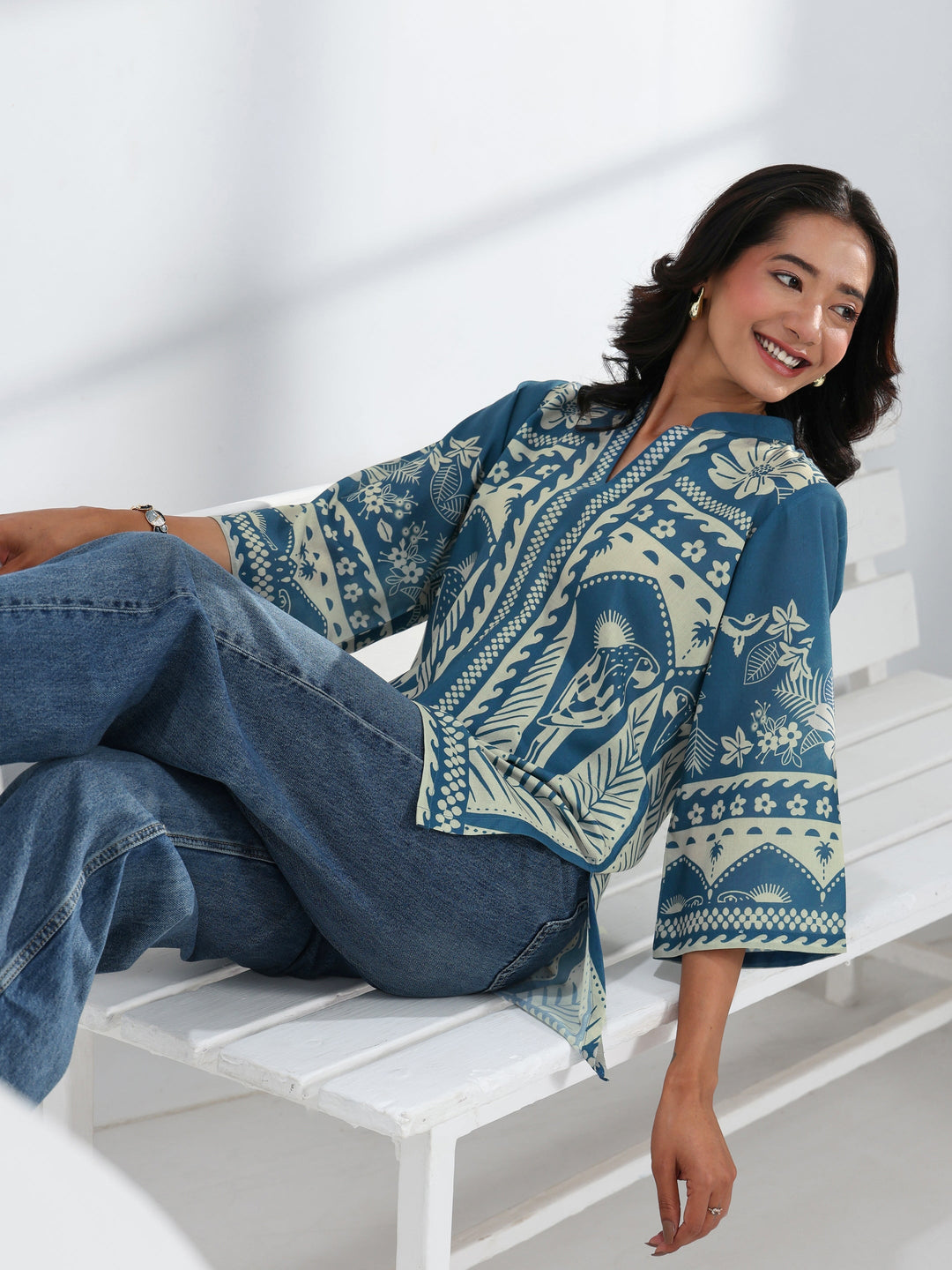  Blue Tropical Printed Cotton Blend Straight Short Kurti 