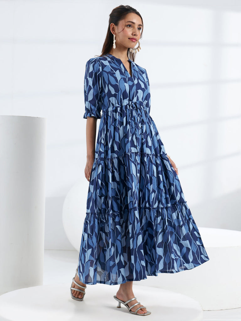 Libas Blue Tropical Printed Cotton Tiered One Piece Dress