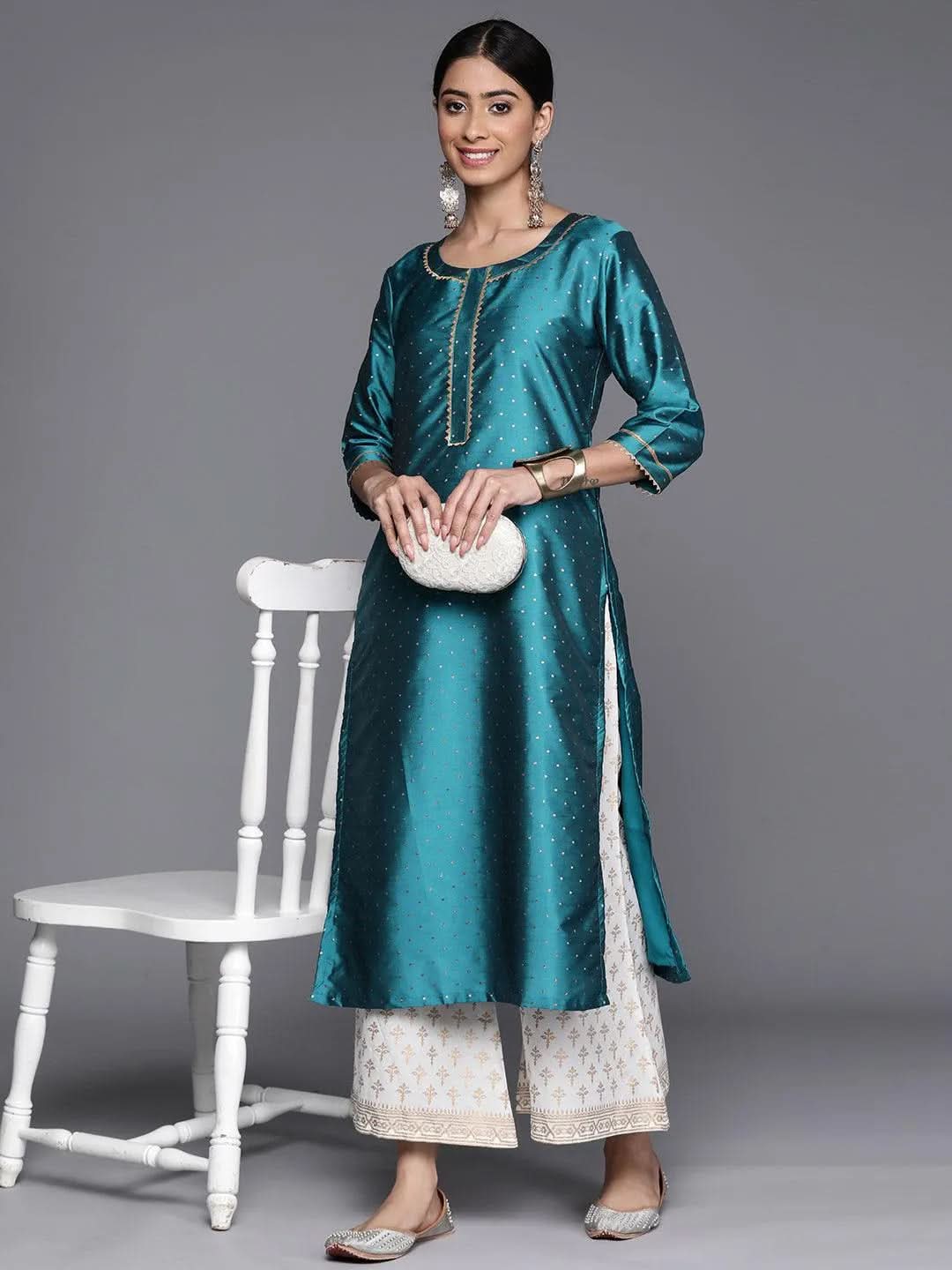 

Blue Woven Design Art Silk Straight Kurta