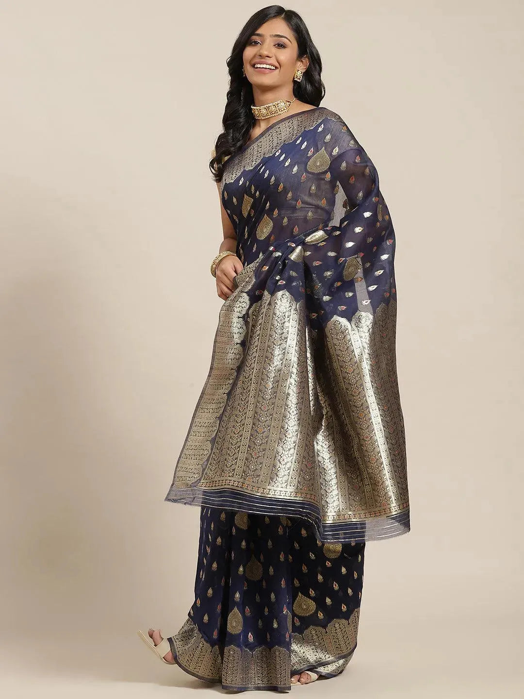 Blue Woven Design Brocade Saree - Libas