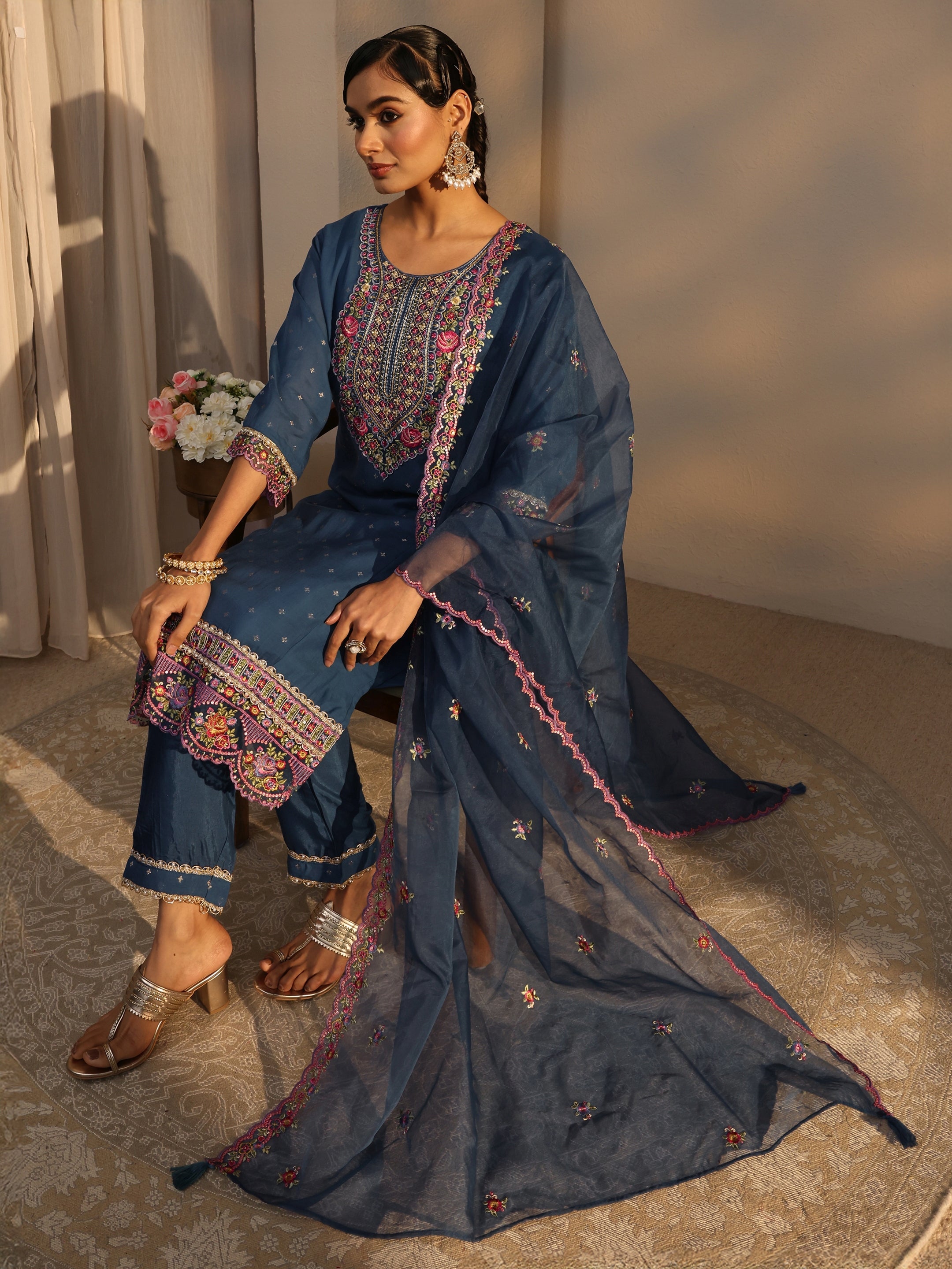 libas Blue Woven Design Chanderi Cotton Straight Suits Set With Dupatta-picture-49