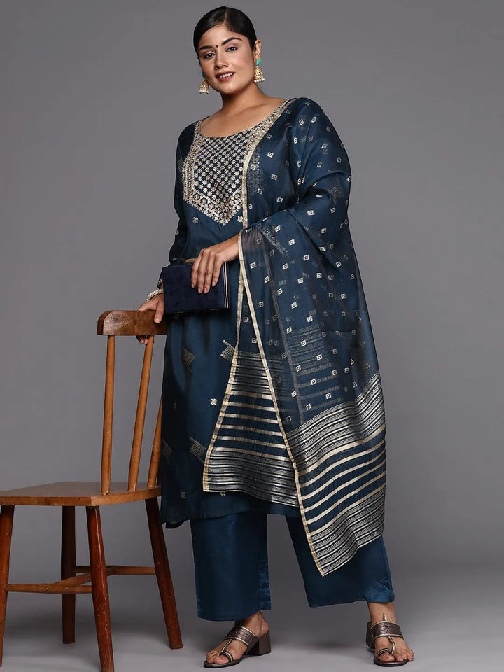 Blue Woven Design Chanderi Silk Straight Kurta With Trousers & Dupatta - Libas