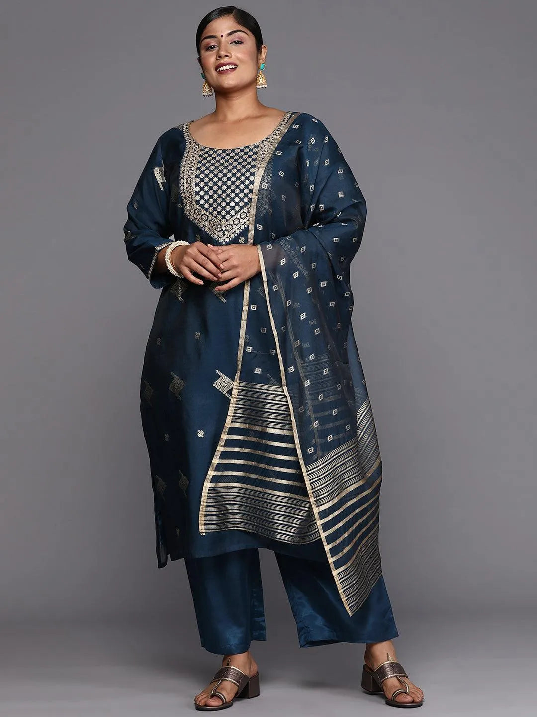 Blue Woven Design Chanderi Silk Straight Kurta With Trousers & Dupatta - Libas 