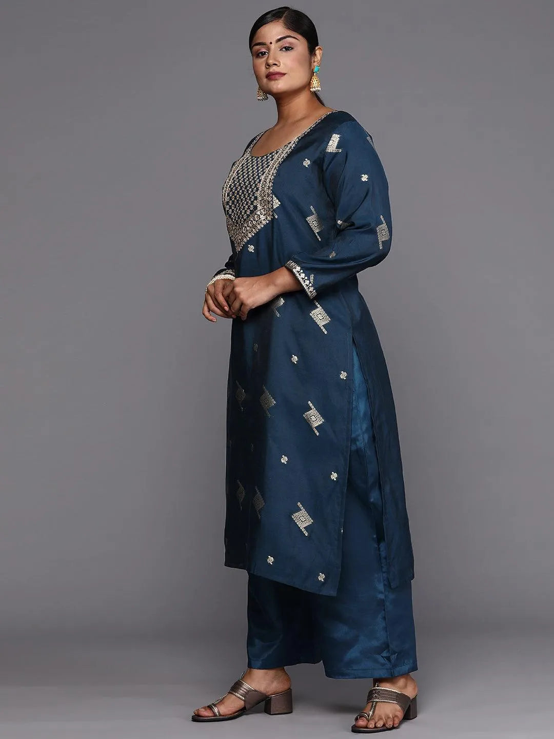 Blue Woven Design Chanderi Silk Straight Kurta With Trousers & Dupatta - Libas 