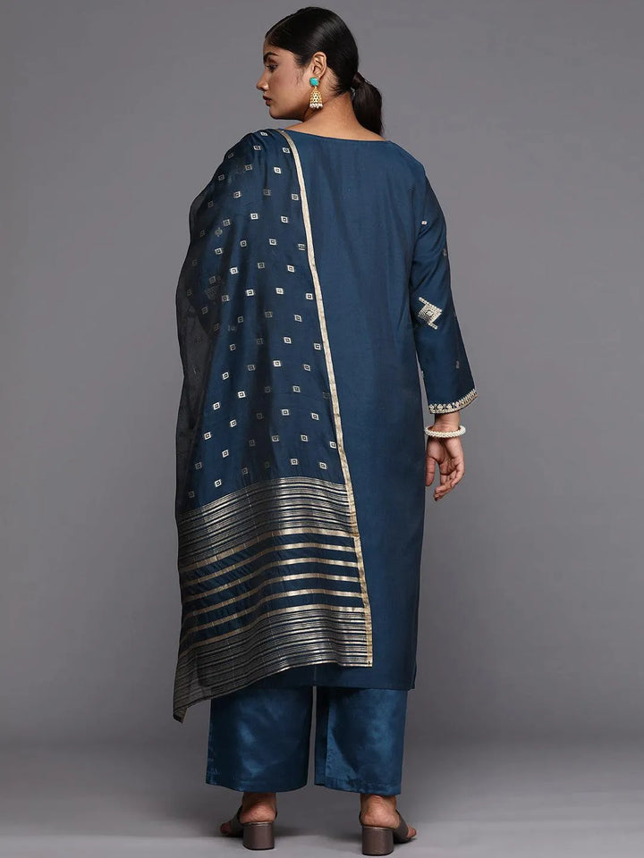 Blue Woven Design Chanderi Silk Straight Kurta With Trousers & Dupatta - Libas