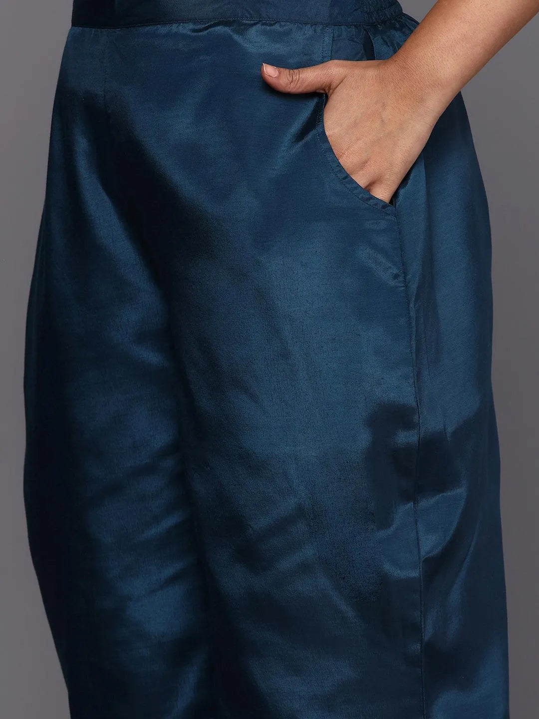 Blue Woven Design Chanderi Silk Straight Kurta With Trousers & Dupatta - Libas 