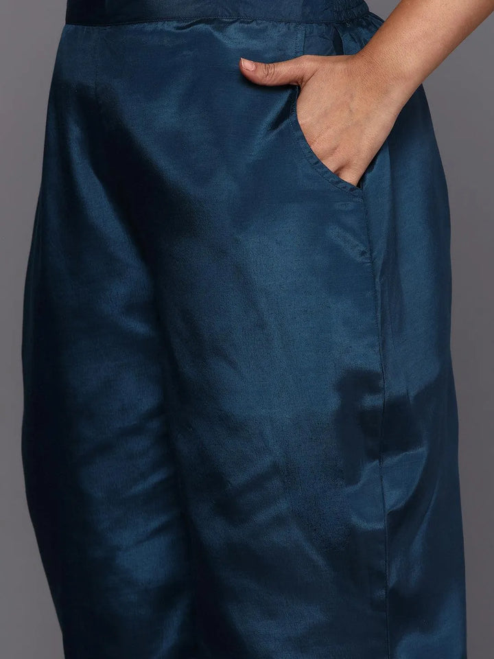 Blue Woven Design Chanderi Silk Straight Kurta With Trousers & Dupatta - Libas