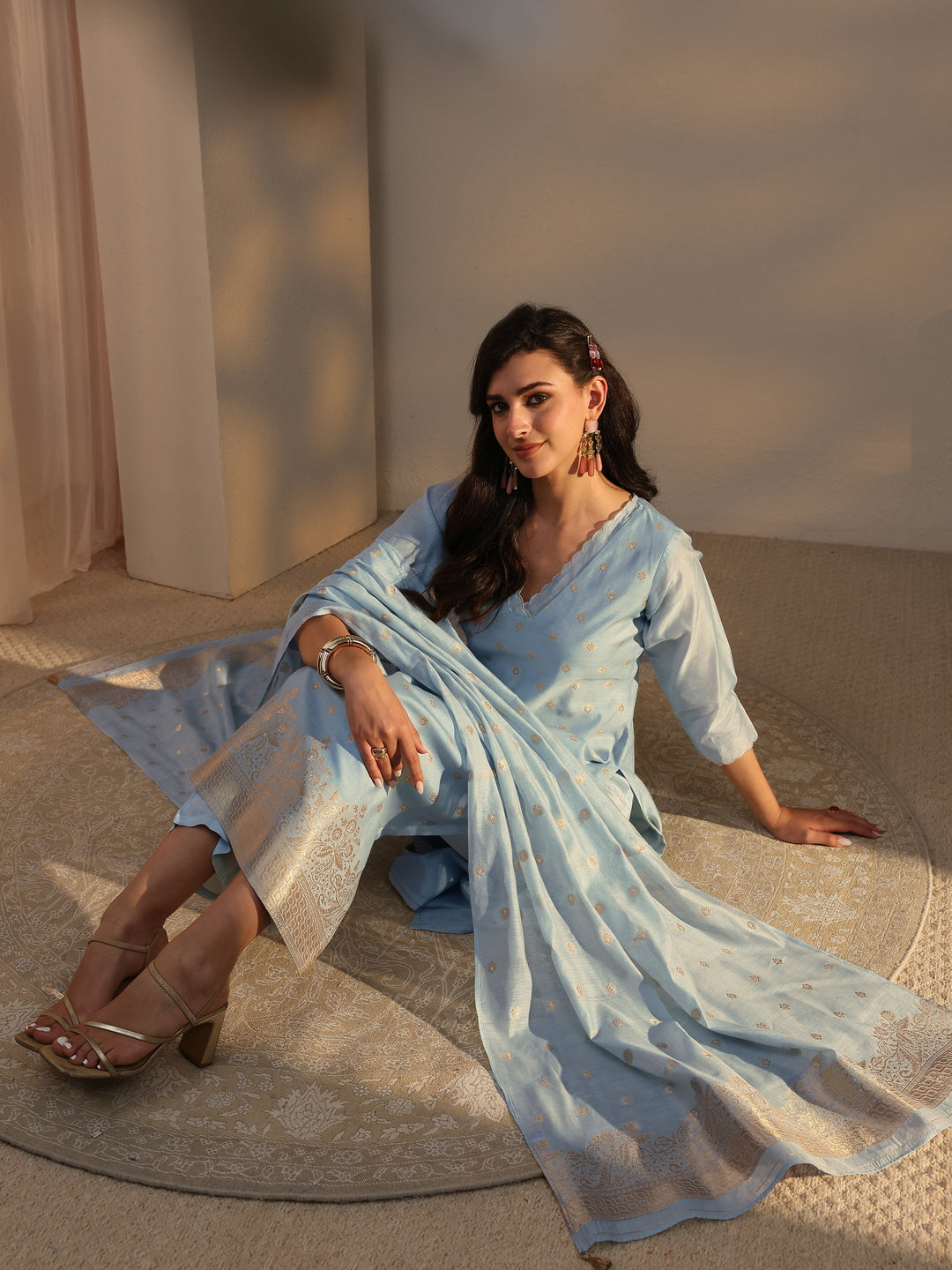  Blue Woven Design Chanderi Silk Straight Suit Set With Dupatta 