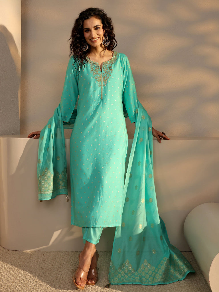 Libas Blue Woven Design Chanderi Silk Straight Suit Set With Dupatta