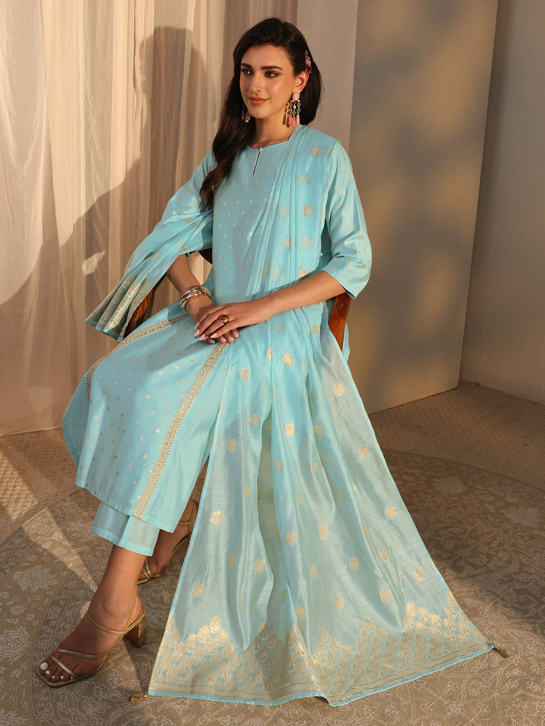  Blue Woven Design Chanderi Silk Straight Suit Set With Dupatta 