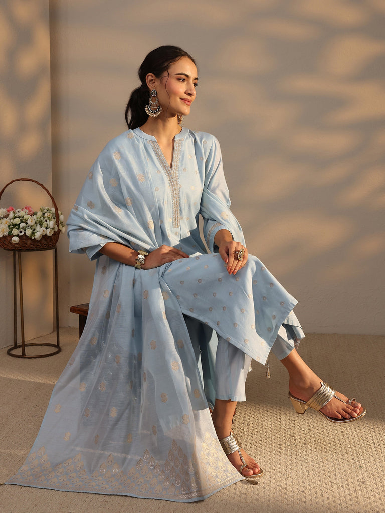 Libas Blue Woven Design Chanderi Silk Straight Suit Set With Dupatta