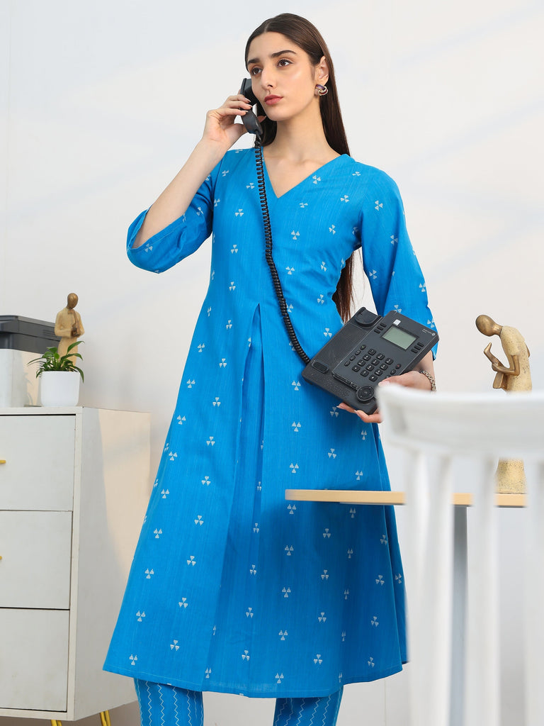 Gerua Blue Woven Design Cotton Blend A-Line Kurta Set