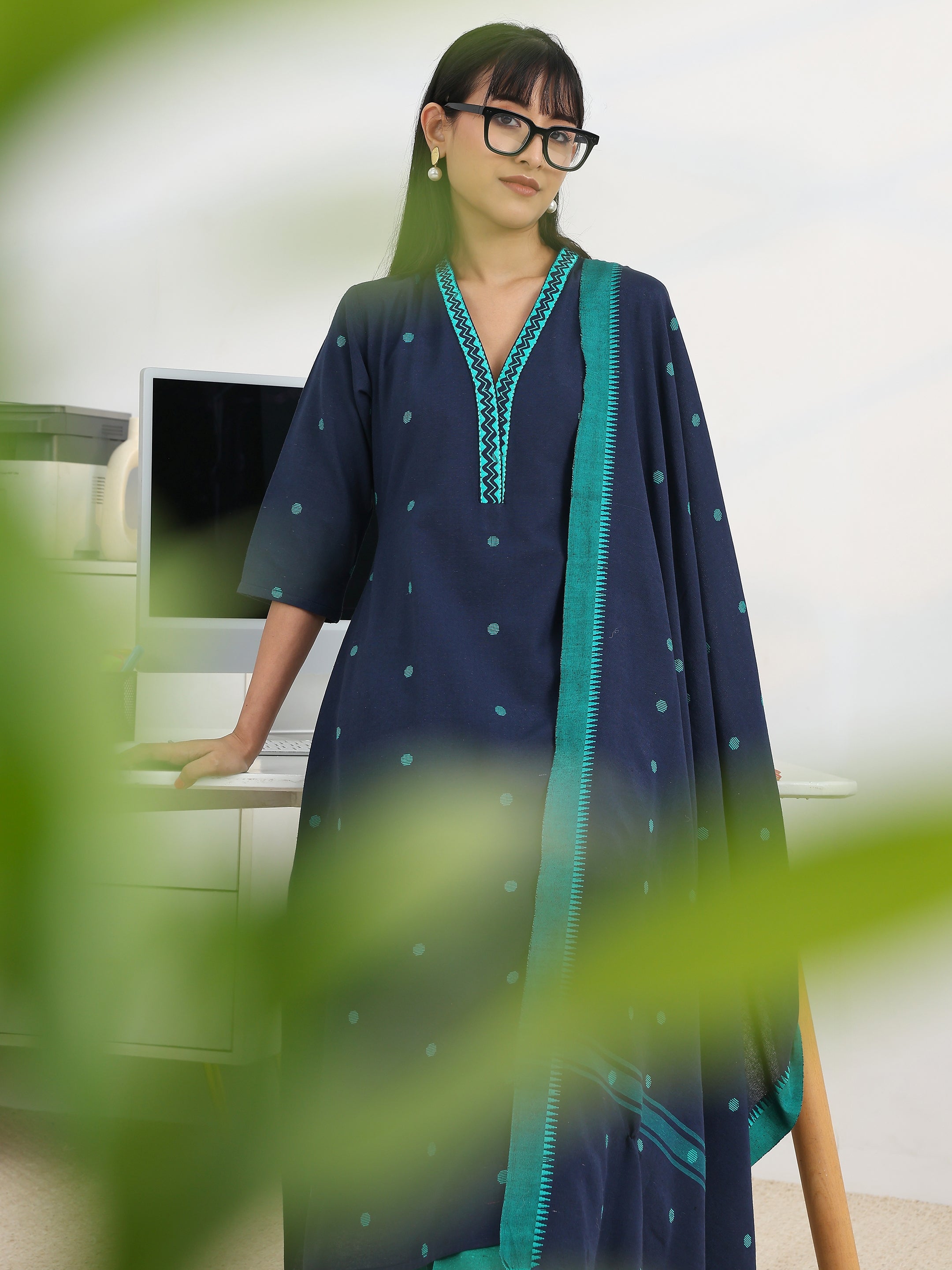 libas Blue Woven Design Cotton Blend A-Line Suit Set With Dupatta-picture-31