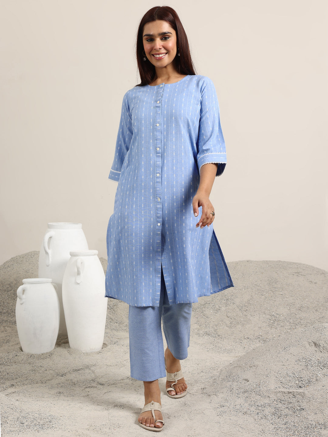  Blue Woven Design Cotton Blend Straight Kurta Set 