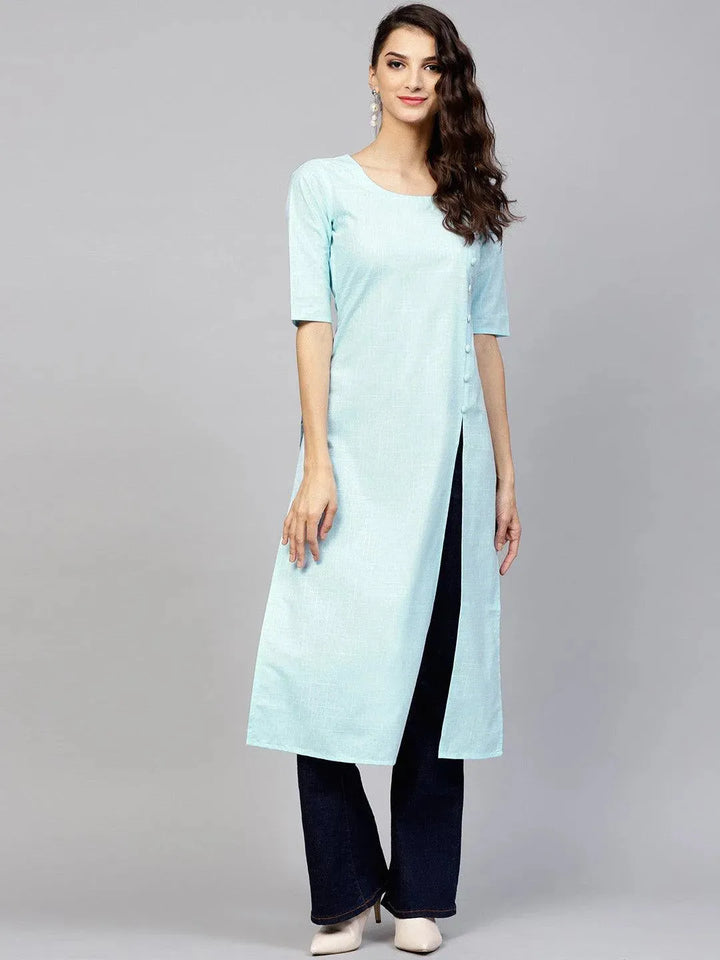 Blue Woven Design Cotton Kurta - Libas