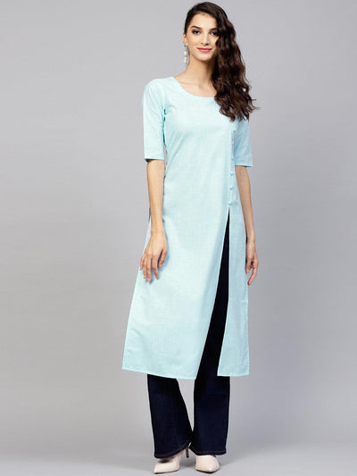 Blue Woven Design Cotton Kurta - Libas