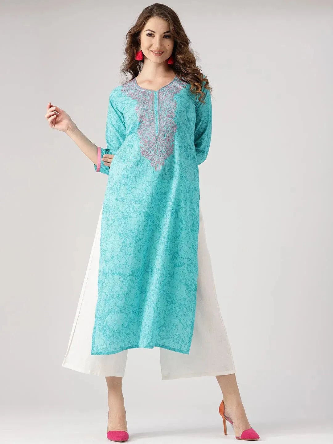 Blue Woven Design Cotton Kurta - Libas