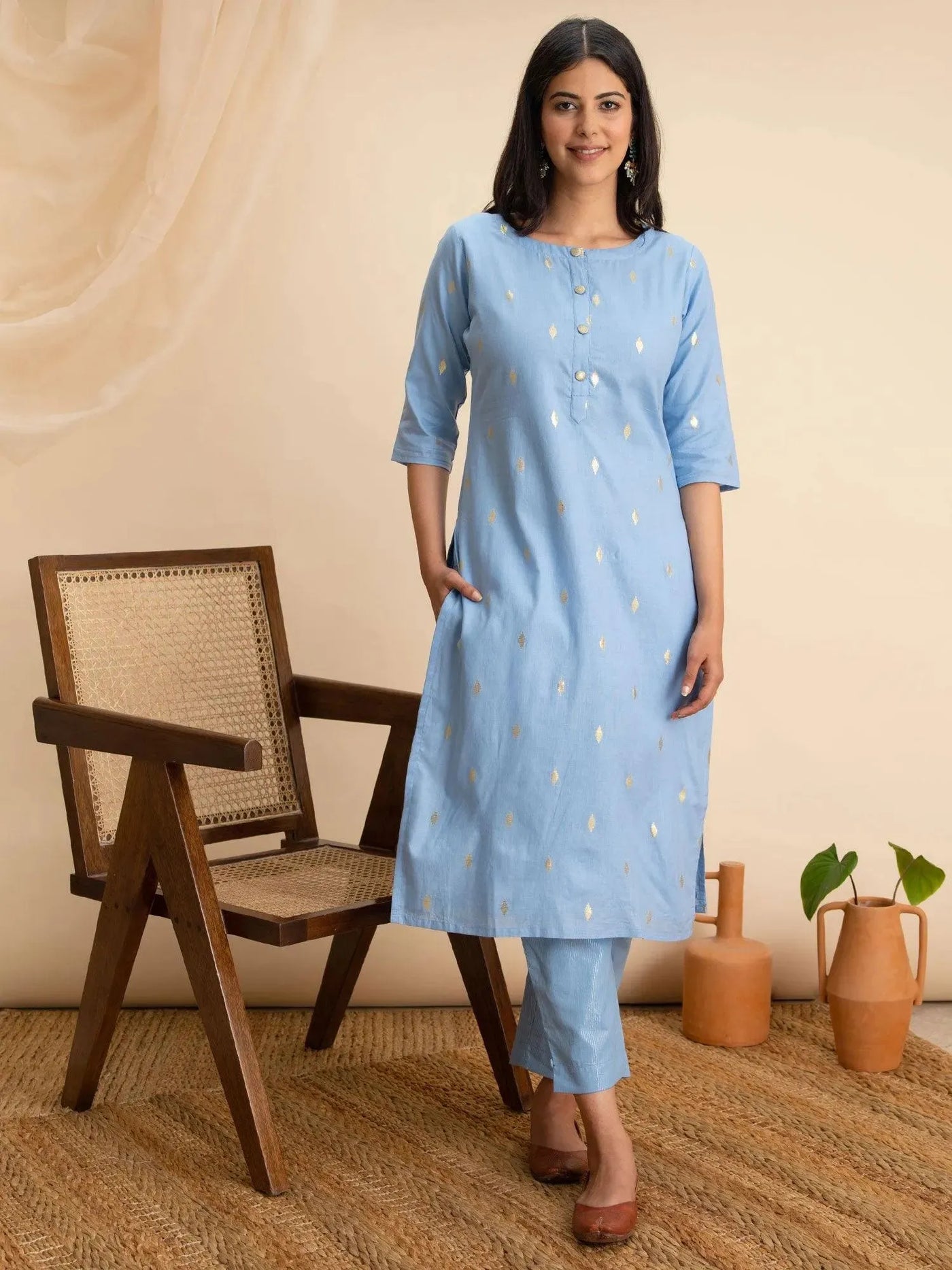 Blue Woven Design Cotton Kurta - Libas