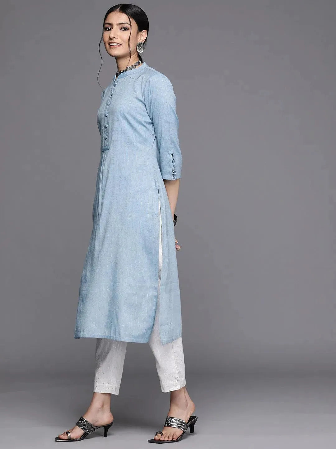 Blue Woven Design Cotton Kurta - Libas 