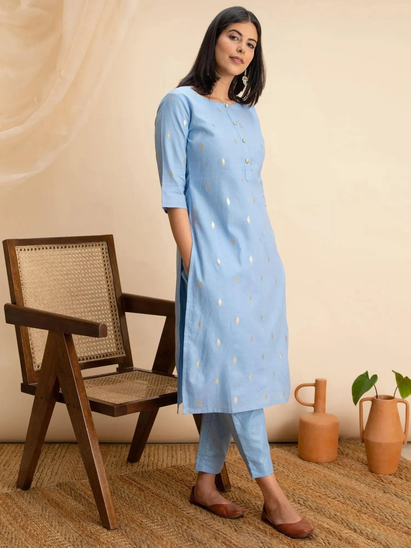 Blue Woven Design Cotton Kurta - Libas