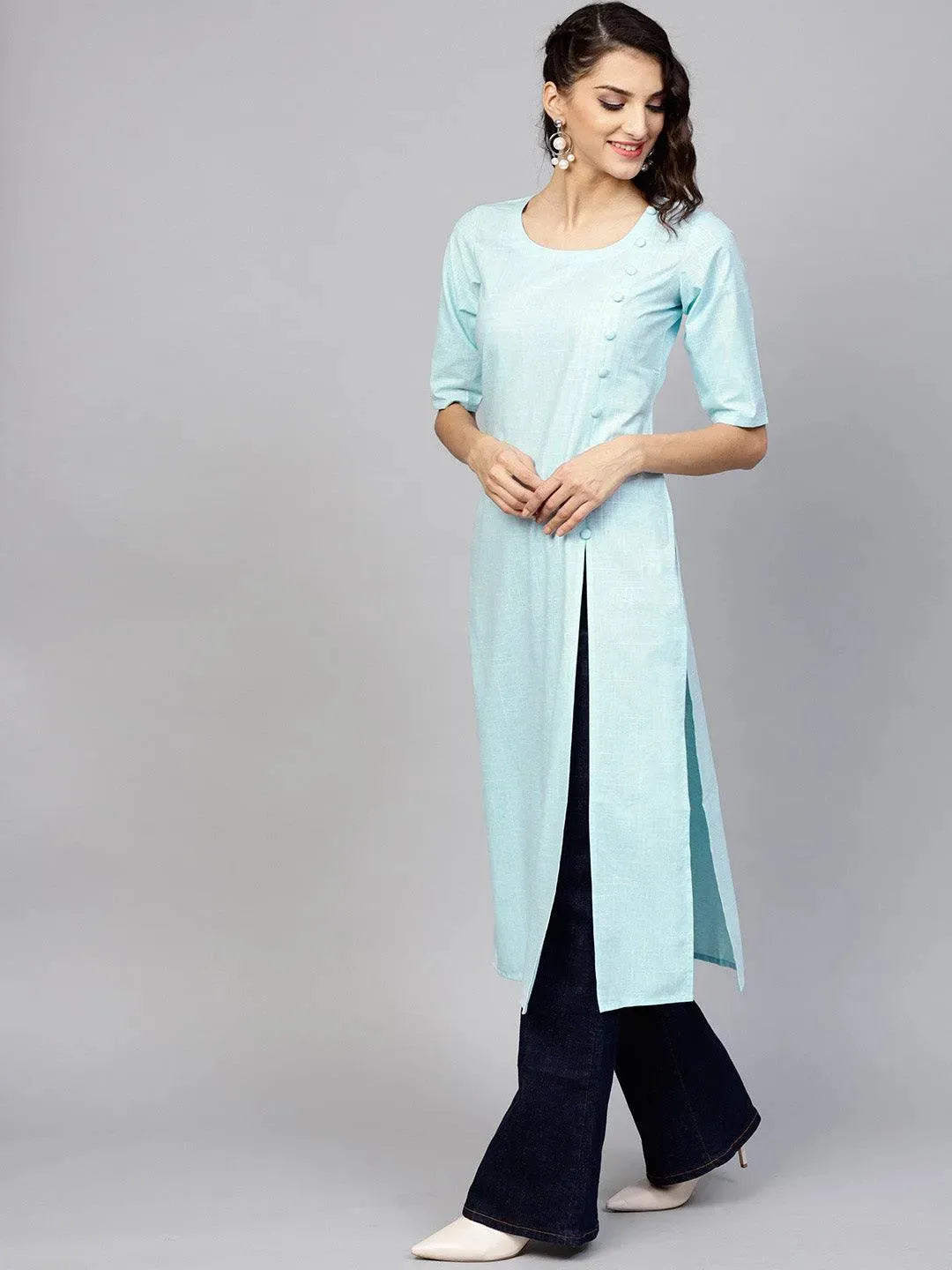 Blue Woven Design Cotton Kurta - Libas 