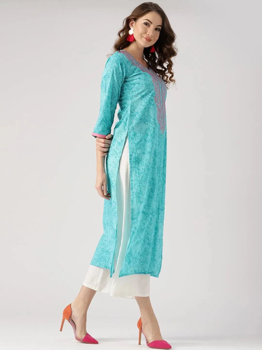 Blue Woven Design Cotton Kurta - Libas