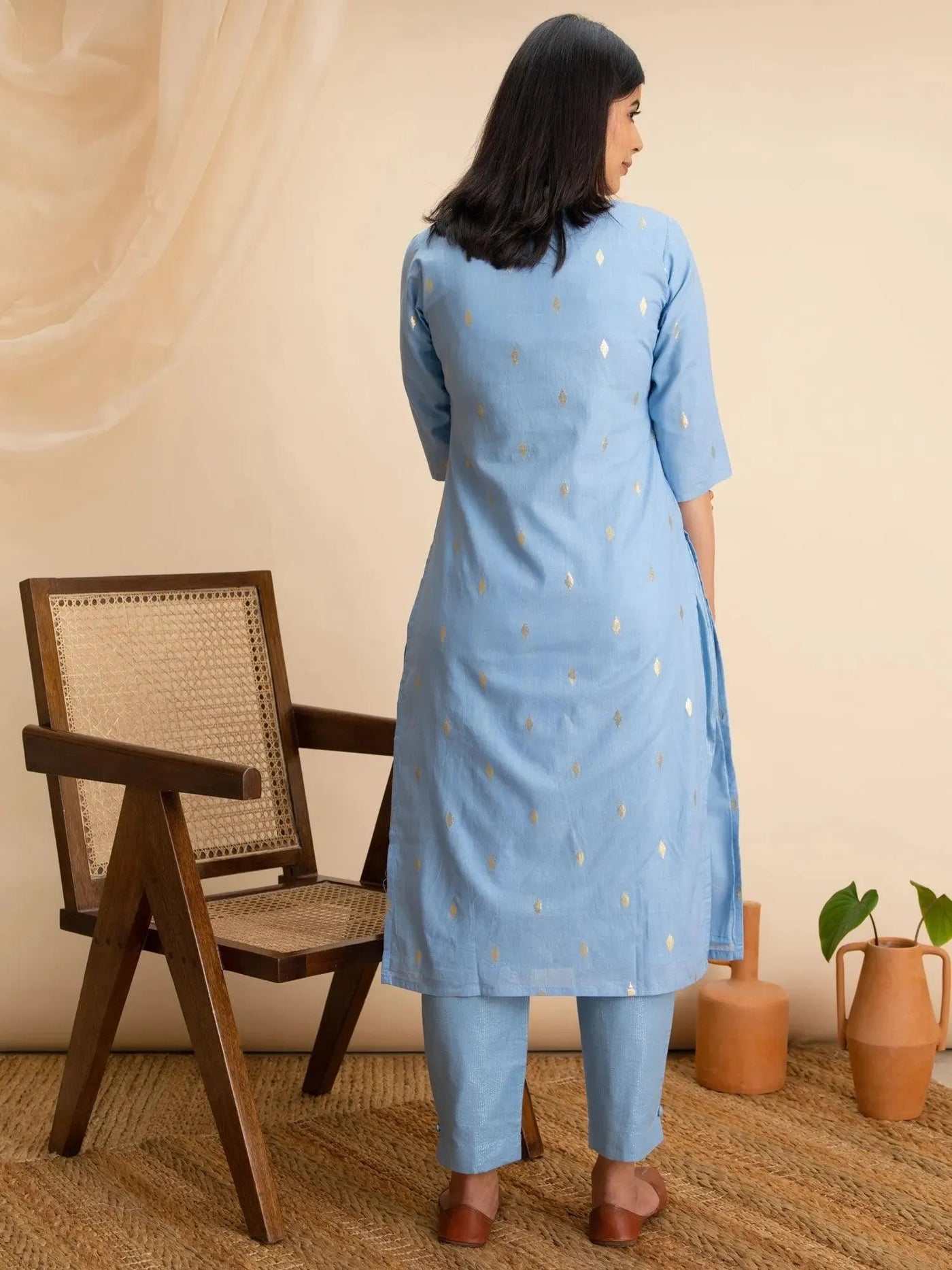 Blue Woven Design Cotton Kurta - Libas