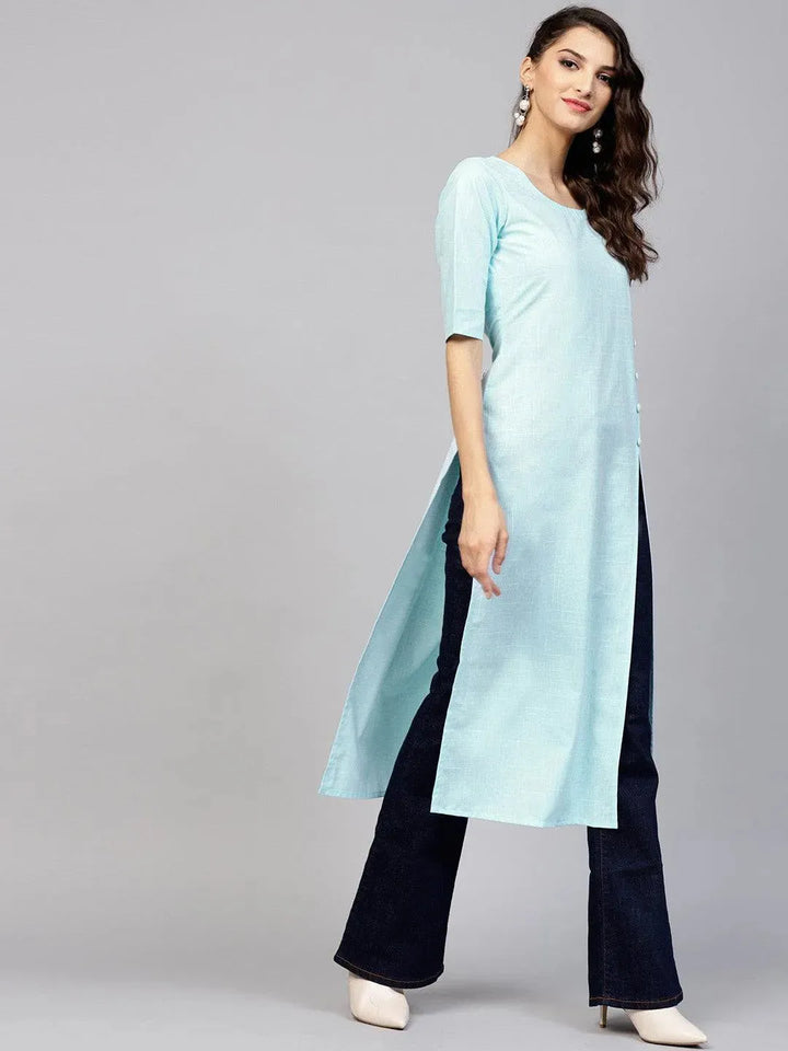 Blue Woven Design Cotton Kurta - Libas