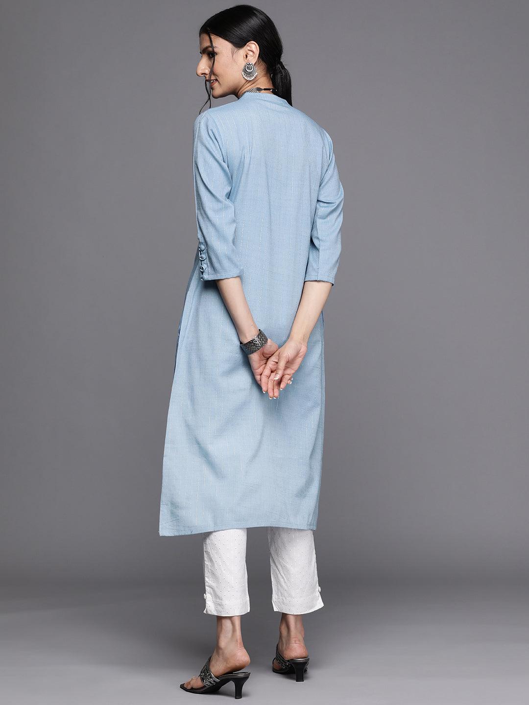 Blue Woven Design Cotton Kurta - Libas