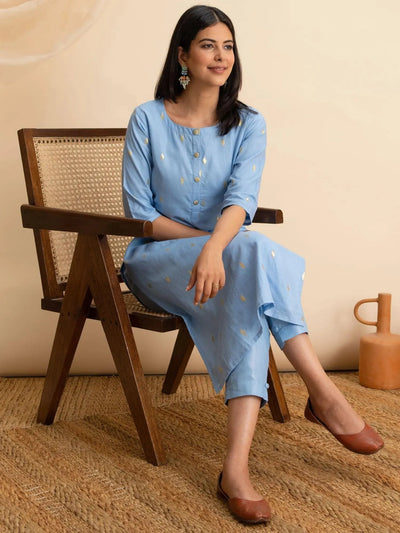 Blue Woven Design Cotton Kurta - Libas