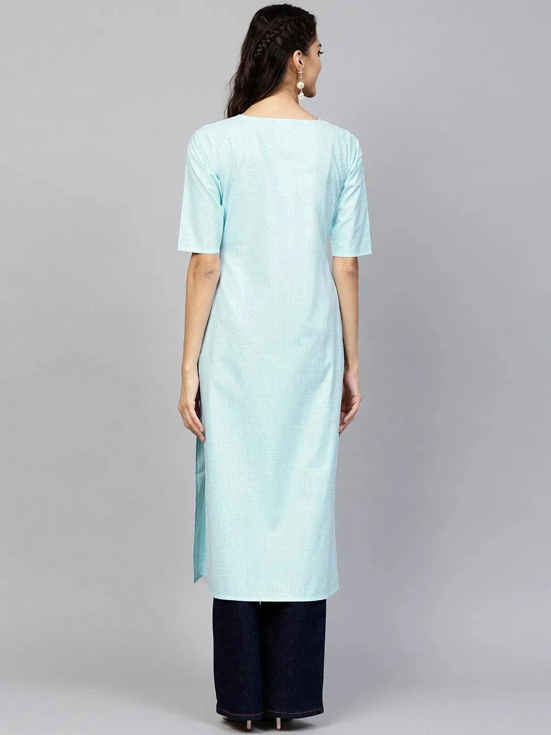 Blue Woven Design Cotton Kurta - Libas 