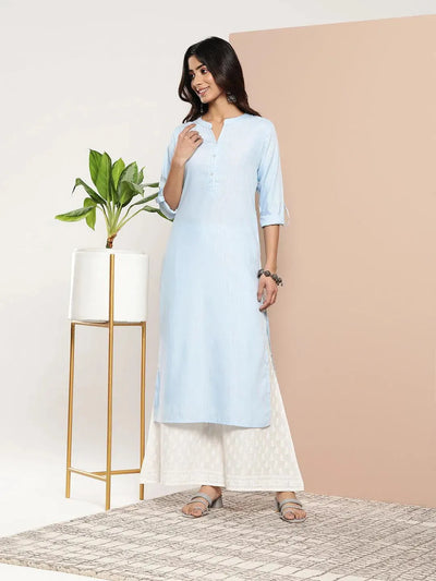 Blue Woven Design Cotton Straight Kurta - Libas