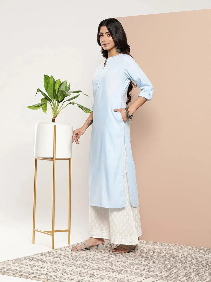 Blue Woven Design Cotton Straight Kurta - Libas