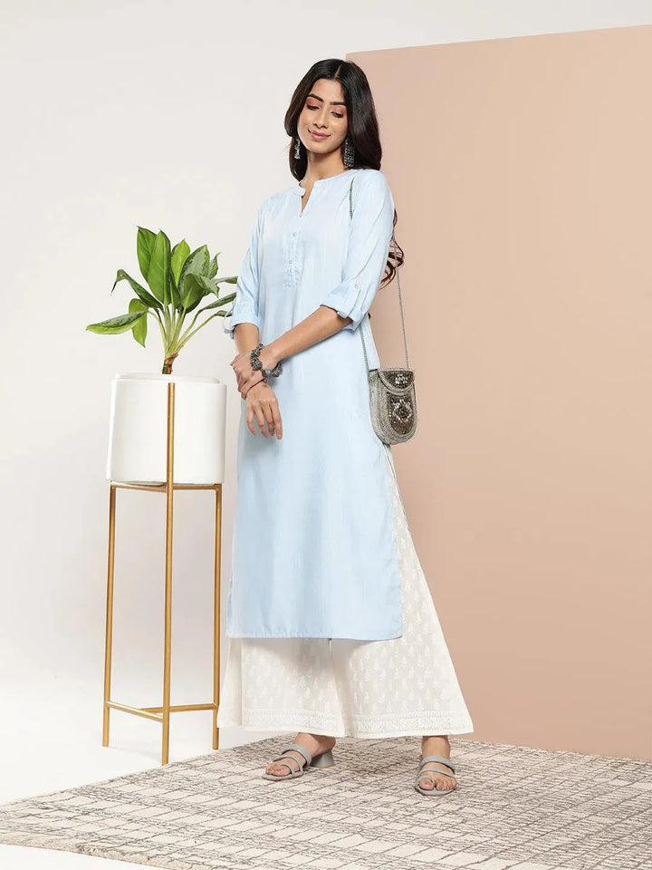 Blue Woven Design Cotton Straight Kurta - Libas