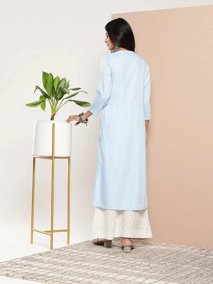 Blue Woven Design Cotton Straight Kurta - Libas
