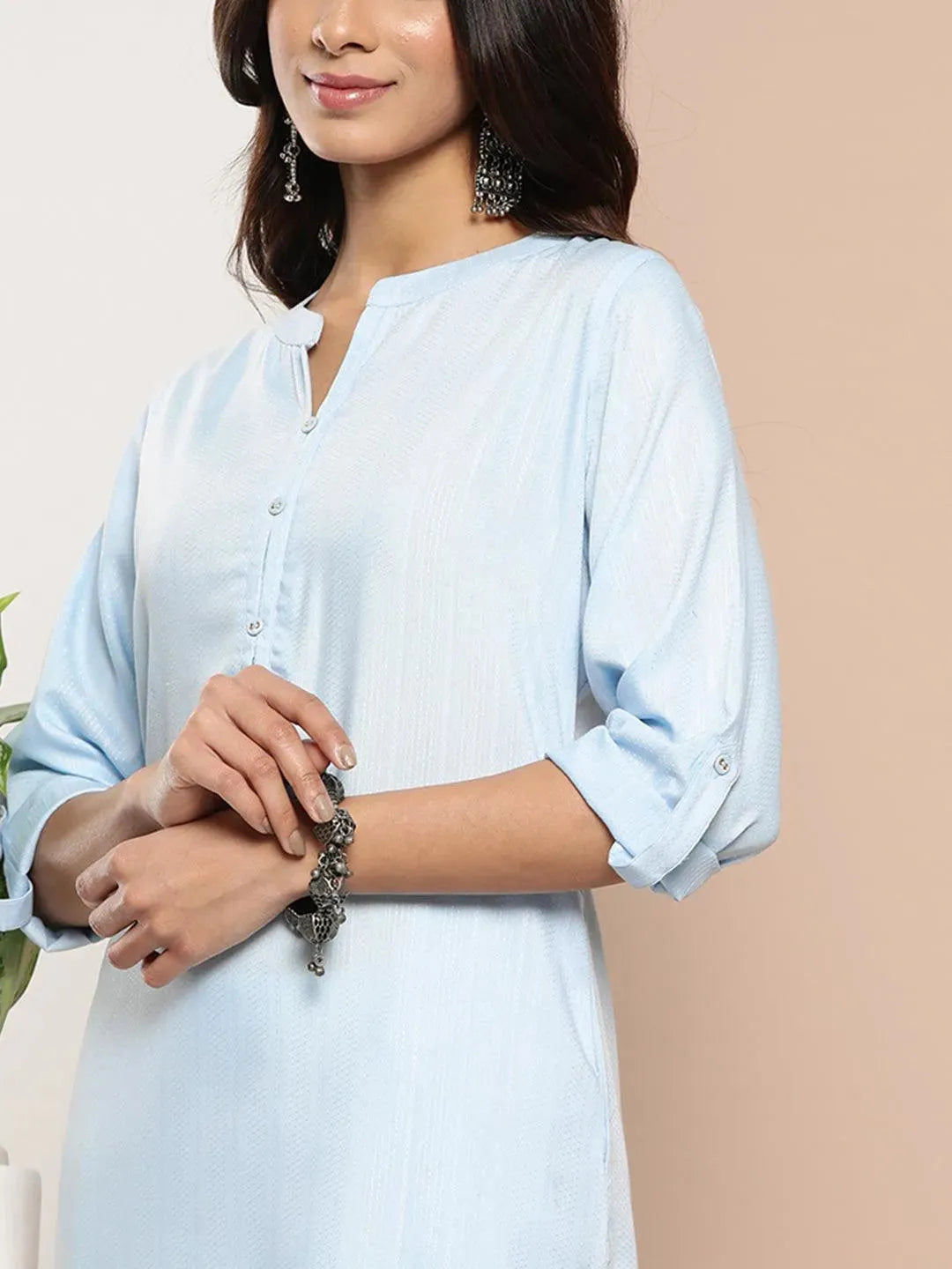 Blue Woven Design Cotton Straight Kurta - Libas 