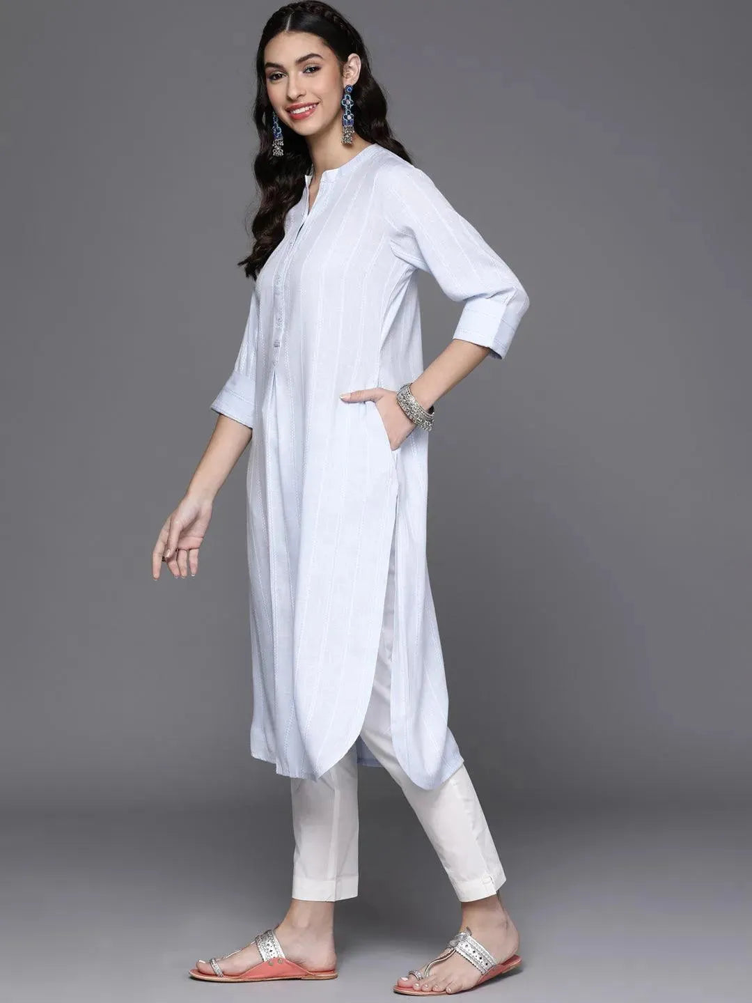 Blue Woven Design Rayon Kurta - Libas 