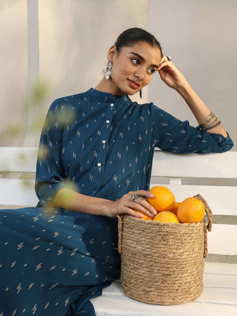 Libas Blue Woven Design Rayon Straight Kurta