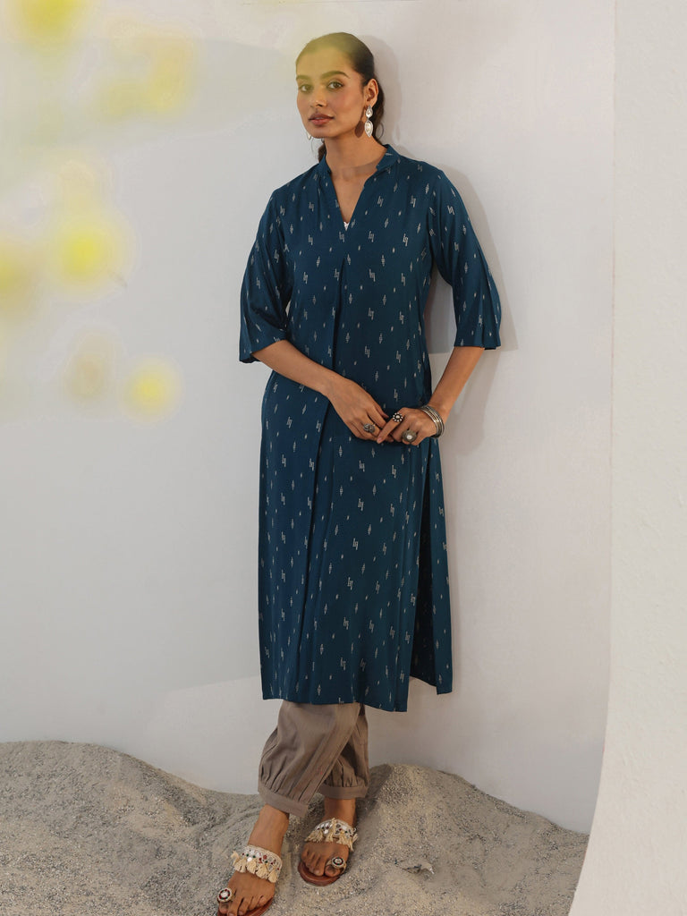 Libas Blue Woven Design Rayon Straight Kurta